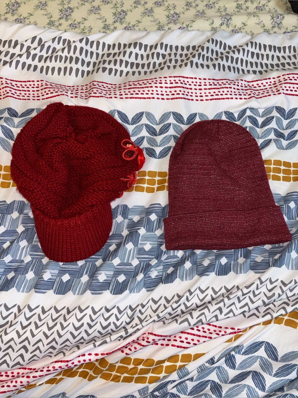 Red Knit Beanie and Visor Hat Set